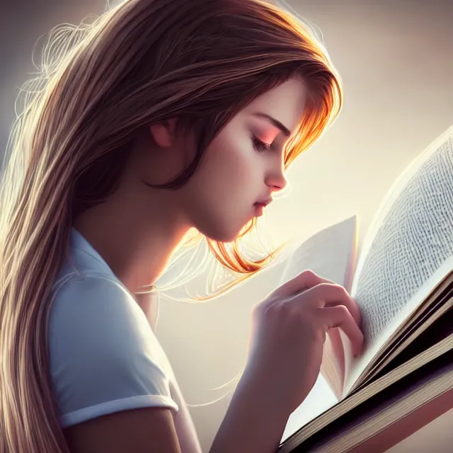 Image similar to a girl reading a book, her hair flowing down, highly detailed, 4 k, hdr, smooth, sharp focus, high resolution, award - winning photo, artgerm, photorealistic