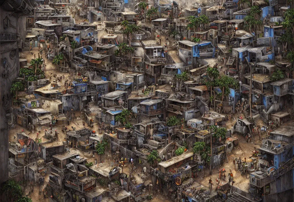 Image similar to photorealistic favela rio with precise rendered guns arsenal with intricate details of gun happy people in by Justin Gerard