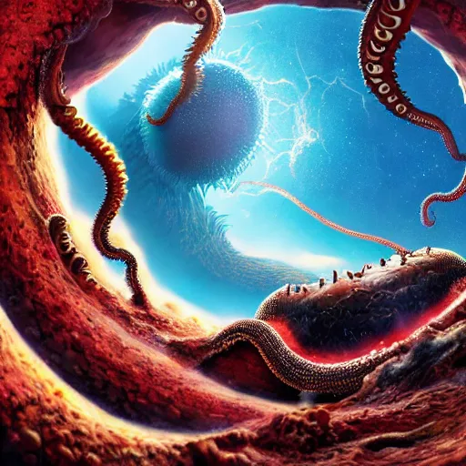 Prompt: hyperdetailed photo of a highly visible and detailed monster destroying a mysterious planet by crashing its tentacles into it 8 k extremely detailed hd hyperrealism movie studio fx creepy