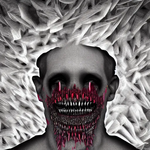 Prompt: A human being covered in teeth, nightmare, digital art