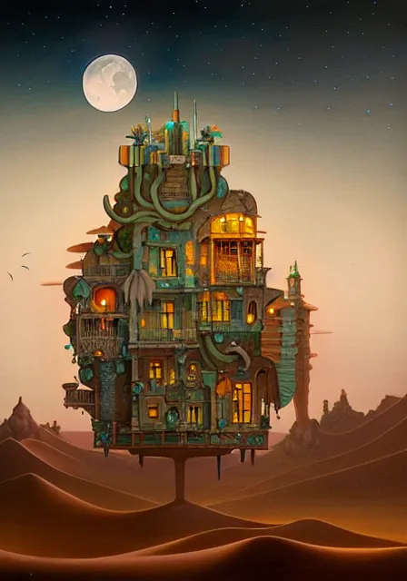 Image similar to a single building flying above a desert oasis in a moonlit night in the style of peter mohrbacher and jacek yerka, detailed