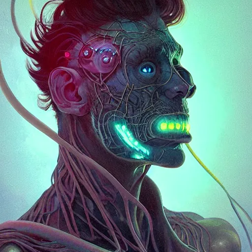 Image similar to portrait, bioluminescent male creature, japanese gothic, concept art, expressive, highly detailed, digital painting, cinematic lighting, hyperrealism, dark retrowave, art by stanley lau and artgerm and magali villeneuve and alphonse mucha, artstation, octane render, cgsociety h 6 4 0