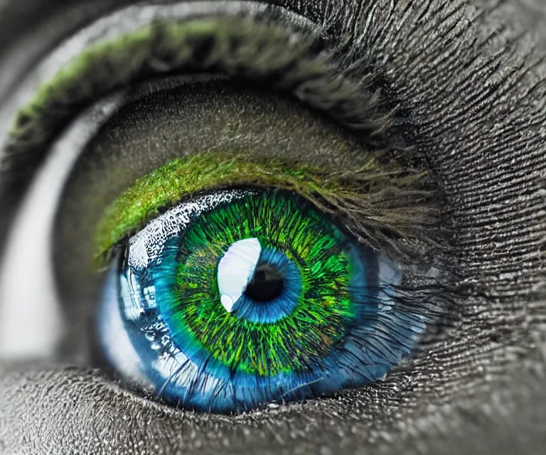 Image similar to close up of a green eye iris, perfect composition, symmetrical, blue electrical sparks, macro lens, 7 0 mm, highly detailed, photorealistic