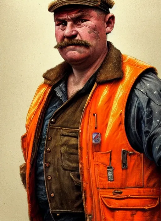 Image similar to a russian railroad electrician!!!, male!!, wearing orange vest!!, siberia!!, portrait, dirty, fat, ugly, intricate, elegant, highly detailed, digital painting, artstation, concept art, wallpaper, smooth, sharp focus, illustration, art by artgerm and greg rutkowski and alphonse mucha