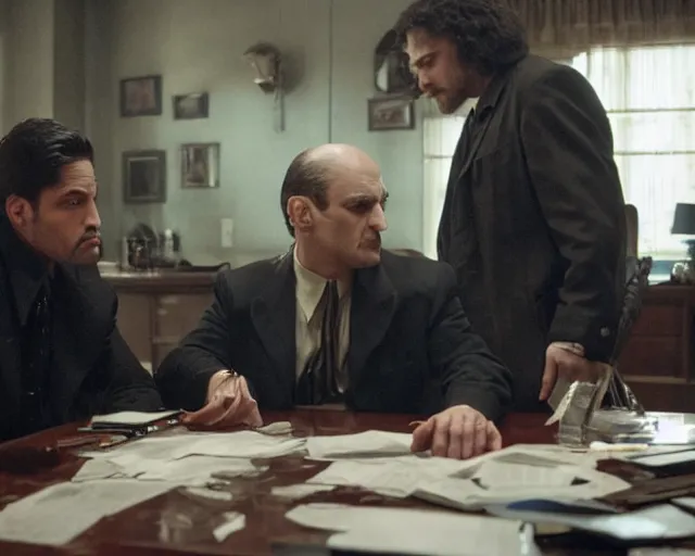 Image similar to in this scene from david chase's hbo miniseries / the outfit /, a supernatural mafia crime thriller about magical monster - hunting mafiosi in 9 0 s philadelphia, the main character ( / joe manganiello / ) is being interrogated by his boss ( / robert de niro / ). realistic hd 8 k film photography. composition inspired by christopher mckenna.