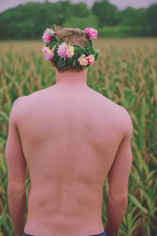 Prompt: agfa vista 4 0 0 photograph of a skinny blonde guy standing in a cornfield, flower crown, back view, grain, moody lighting, telephoto, 9 0 s vibe, blurry background, vaporwave colors!, faded!,
