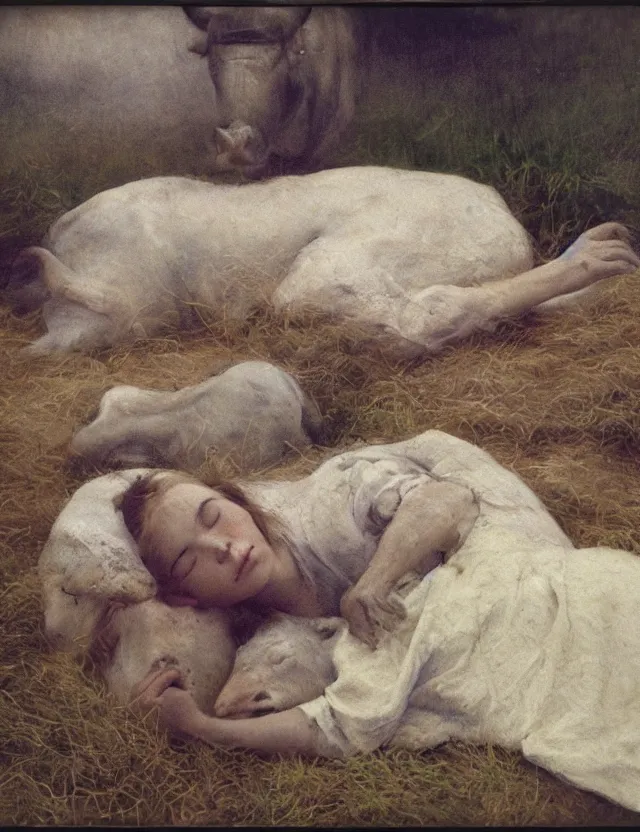 Prompt: peasant girl sleeping with a cow on a farm, cottage core, polaroid photo bleached vintage pastel colors high - key lighting, soft lights, foggy, by steve hanks, by lisa yuskavage, by serov valentin, by tarkovsky, 8 k render, detailed, oil on canvas