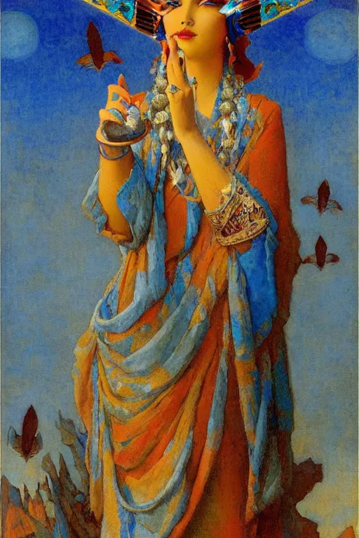 Prompt: queen of the dawn with her lantern and birds, by Nicholas Roerich and Gaston Bussière and jean delville , elaborate headdress and embroidered velvet, iridescent beetles, rich color, dramatic cinematic lighting, extremely detailed