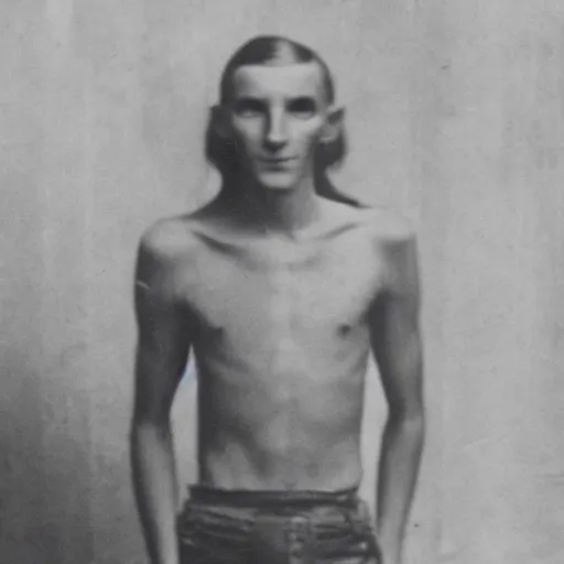 Image similar to Photograph of a young extremely thin 1930s outcast man with long hair