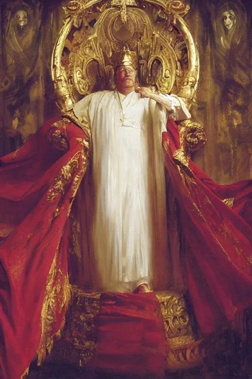 Image similar to beautiful portrait oil painting, steve buscemi wearing a golden wreath crown in royal crimson robes enthroned as the god emperor of ancient rome, mid - shot, by anders zorn, wonderful masterpiece by greg rutkowski, beautiful cinematic light, american romanticism, by thomas lawrence, greg rutkowski