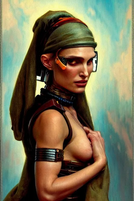 Image similar to character portrait cyberpunk warhammer 4 0 k, natalie portman as the girl with the pearl earring character design, painting by gaston bussiere, katsuya terada, frank frazetta, tom of finland, trending on artstation