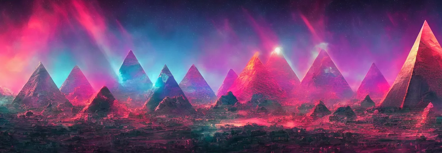 Prompt: Ultra High Definition, Synthwave desktop wallpaper, 8k, ultrawide, sharp focus, accurate and detailed, shamanic alien pyramids