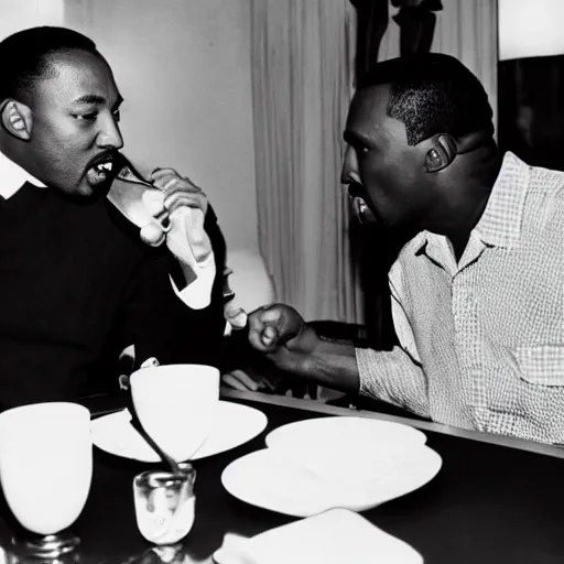 Prompt: Martin Luther King Jr and Kanye West having lunch together, photography,