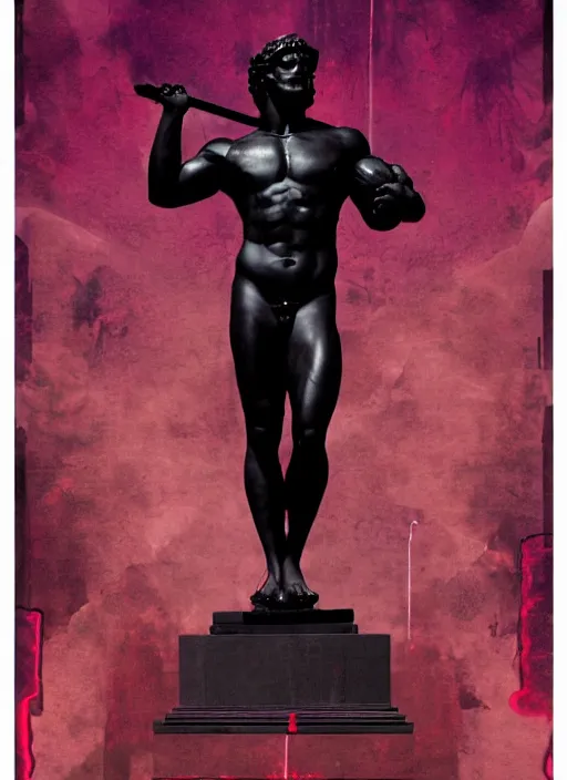 Prompt: black design poster showing a statue of hercules, black background with very subtle red and purple design elements, powerful, nekro, vito acconci, thin straight lines, dark, glitch art, neo vaporwave, gritty, layout frame, square, trending on artstation