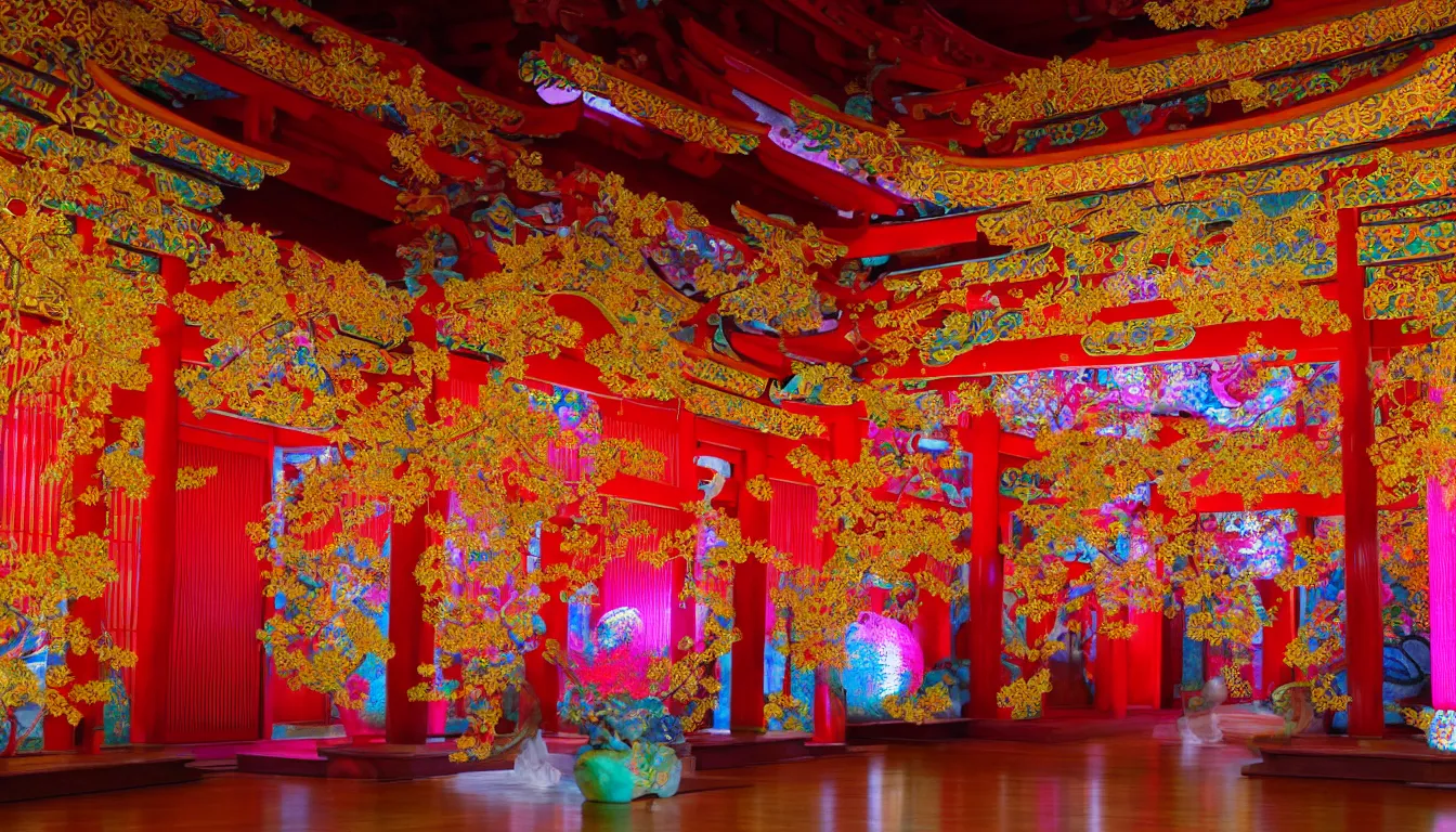 Prompt: volumetric lighting, flowing shimmering brilliant colourful fabrics, emerging sounds and an ancient male bearded face , inside a huge traditional Japanese Royal ornate temple , full colour , upscale , 4k