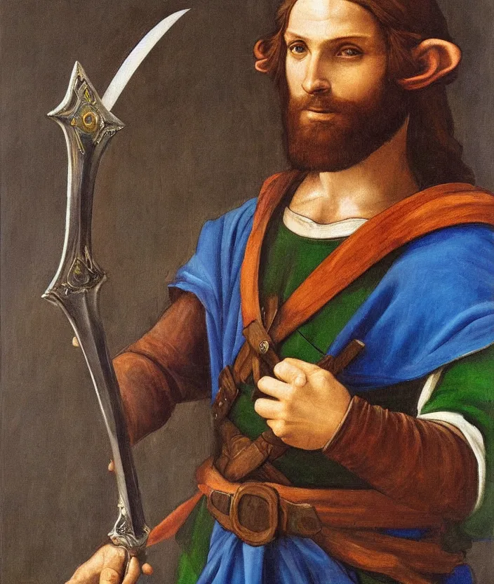 Prompt: oil painting portrait of Link holding the mastersword by Leonardo da Vinci