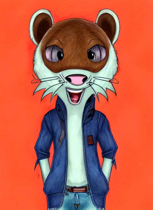 Image similar to expressive stylized master furry artist digital colored pencil painting full body portrait character study of the otter ( sergal ) small head big eyes toon fursona animal person wearing clothes jacket and jeans by master furry artist blotch