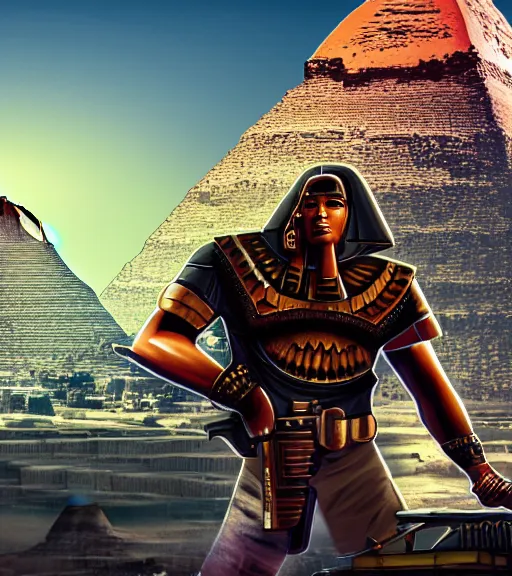 Image similar to a beefy man with a machine gun, egyptian pyramid in the background, 4 k, sharp focus, illustration, highly detailed, cinematic, photorealistic, cyberpunk