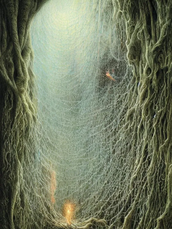 Image similar to A detailed painting of cobweb hanging on the eldritch forest cave,ethereal,maximalism,glittering,by Gustave Doré and peter gric,Trending on artstation