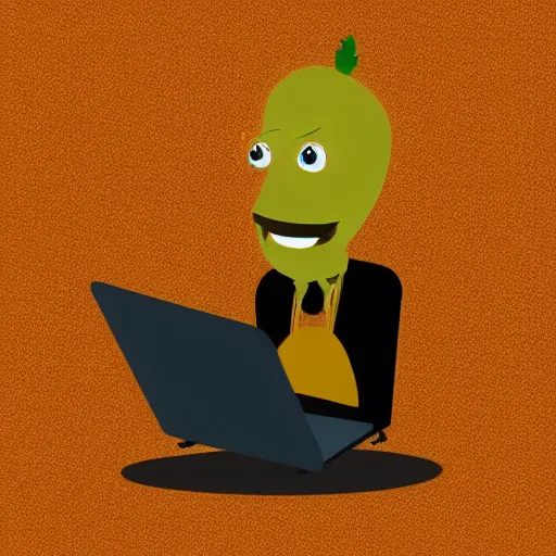 Image similar to anthropomorphic corn man typing on his laptop in a dark room