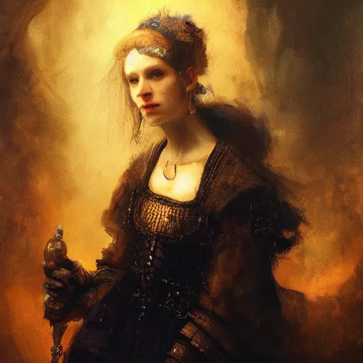 Prompt: high quality oil painting portrait of a extremely beautiful woman by Rembrandt and Raymond Swanland, dark background, high fantasy, perfect lighting, 8k, HD