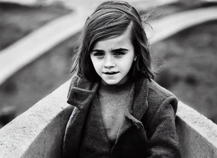 Image similar to professional fine detailed photo portrait of young emma watson from makhachkala, dagestan. kid emma watson in the postsoviet suburbia, iphone photo, instagram, black and white - - cfg _ scale 7