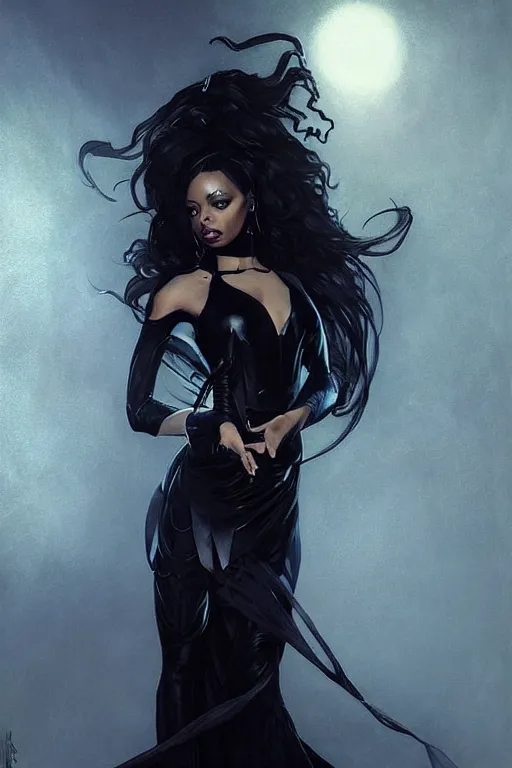 Prompt: gothic normani as aeon flux profile picture by greg rutkowski, creepy pose, flowing black gown, intricate, futuristic, fantasy, elegant, by stanley artgerm lau, greg rutkowski, thomas kinkade, alphonse mucha, loish, norman rockwell,