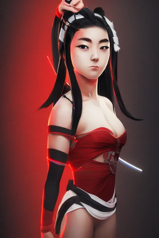 Prompt: full body native japanese young woman dressed like shinobi ninja, focused stare, partially masked, highly detailed, photobash, photorealistic render, trending on artstation, character design, red background, cinematic lighting