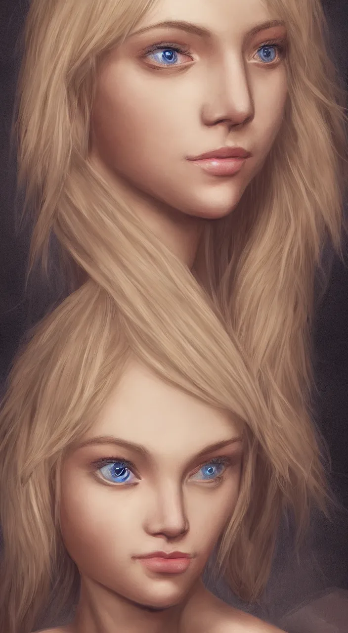 Image similar to a beautiful portrait of a blonde haired with intricate details, correct anatomy. her eyes are bright blue and slightly closed, her nose is soft and downturned. volumetric lights, 8 k, intricate detail, anatomically correct, soft lighting, sheer, trending on artstation, deviantart