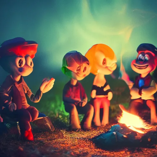 Prompt: tiny toons in real life sitting around a campfire telling stories, photographic, 3D, dark vignette, burning embers, nostalgic, muted colors, slightly drunk, candy rush