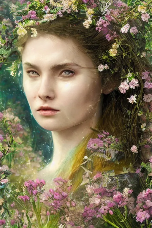 Image similar to elaborately detailed close up portrait of an extremely beautiful girl surrounded by flowers, an eerie mist and ethereal rainbow bubbles, Aetherpunk, high fantasy matte painting, fantasy matte painting movie poster, Art Nouveau, smooth, sharp focus, atmospheric lighting, highly detailed illustration highlights, backlight, golden ratio, 8K detail post-processing, symmetrical facial features, rich deep moody colors, majestic, dark epic fantasy, award winning picture, sense of awe, featured on DeviantArt, trending on cgsociety