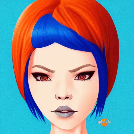 Image similar to illustrated portrait of orange-skinned devil woman with blue hair cut in a bob by rossdraws