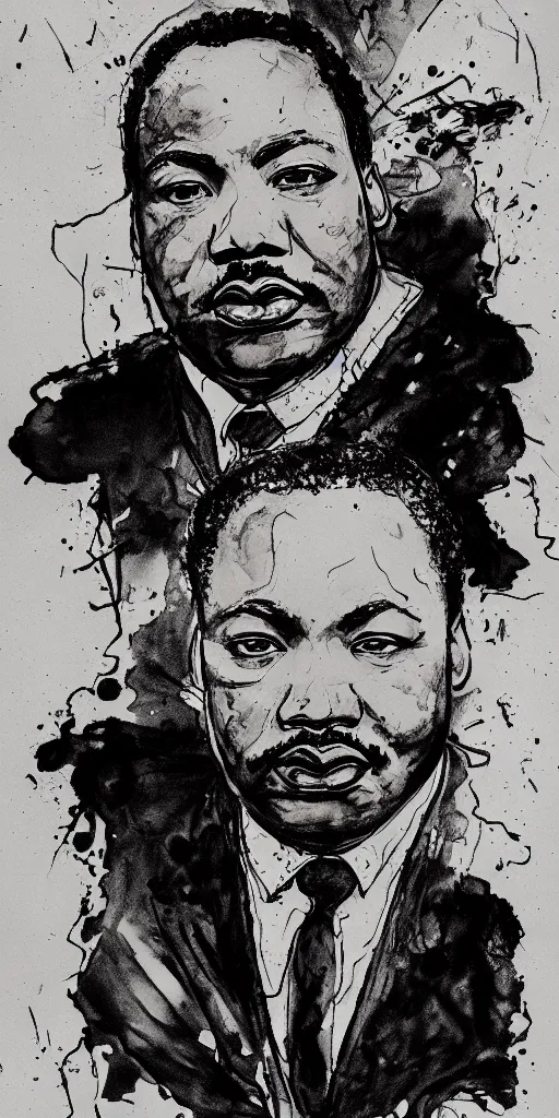 Image similar to a loose wild messy ink sketch portrait of Martin Luther king in the style of ralph steadman, caricature, dramatic