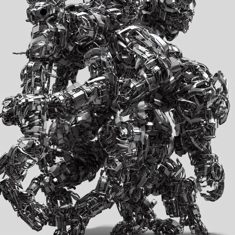 Image similar to complex 3 d render hyper detail portrait of a mechanical bear cyborg, sci fi, full body, intricate, art by kazuhiko nakamura and hajime sorayama, 8 k octane detailed render, post - processing, extremely hyperdetailed, intricate futuristic mechanic parts, maya, dark background, sharp focus, blender, cinematic lighting + masterpiece, trending on artstation