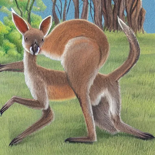 Image similar to detailed illustration, a young kangaroo in the boranup forest in the style of may gibbs,