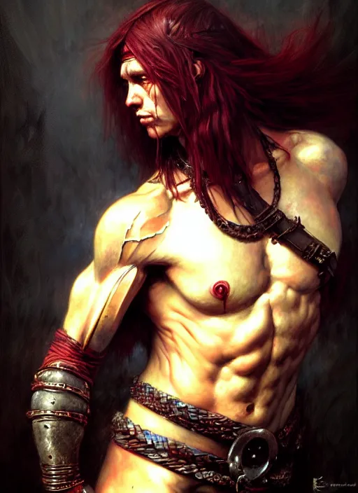 Image similar to barbarian, full body, hyper realistic, extremely detailed, dnd character art portrait, dark fantasy art, intricate fantasy painting, dramatic lighting, vivid colors, deviantart, artstation, by edgar maxence and caravaggio and michael whelan and delacroix.