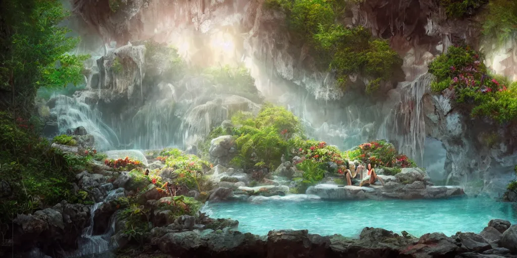 Image similar to cozy mountain hot springs hidden in a cave, lush trees and flowers, sunset, nephilim, rippling pools of water, ethereal, fantasy, James Jean, oozium, peter morbacher, angelarium, alchemy, luxury, heavenly light, Soft illumination, Trending on artstation, Cinematic Lighting, digital painting, octane render, artgerm