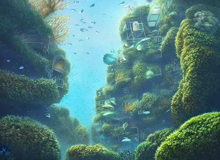 Image similar to overgrown foliage overtaking tall buildings, underwater environment, storefronts, coral, scenery, professional, award - winning, trending on artstation, detailed, realistic, beautiful, emotional, shiny, golden, picture