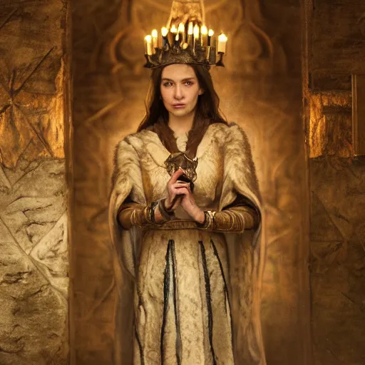 Image similar to the elder scrolls vi, charismatic regal brunette female jarl, portrait, rustic throne room, atmospheric lighting, painted, intricate, volumetric lighting, beautiful, daytime,, slight overcast weather, 4 0 0 0 k, sharp focus, deep colours, ultra detailed, by leesha hannigan, ross tran, thierry doizon, kai carpenter, ignacio fernandez rios