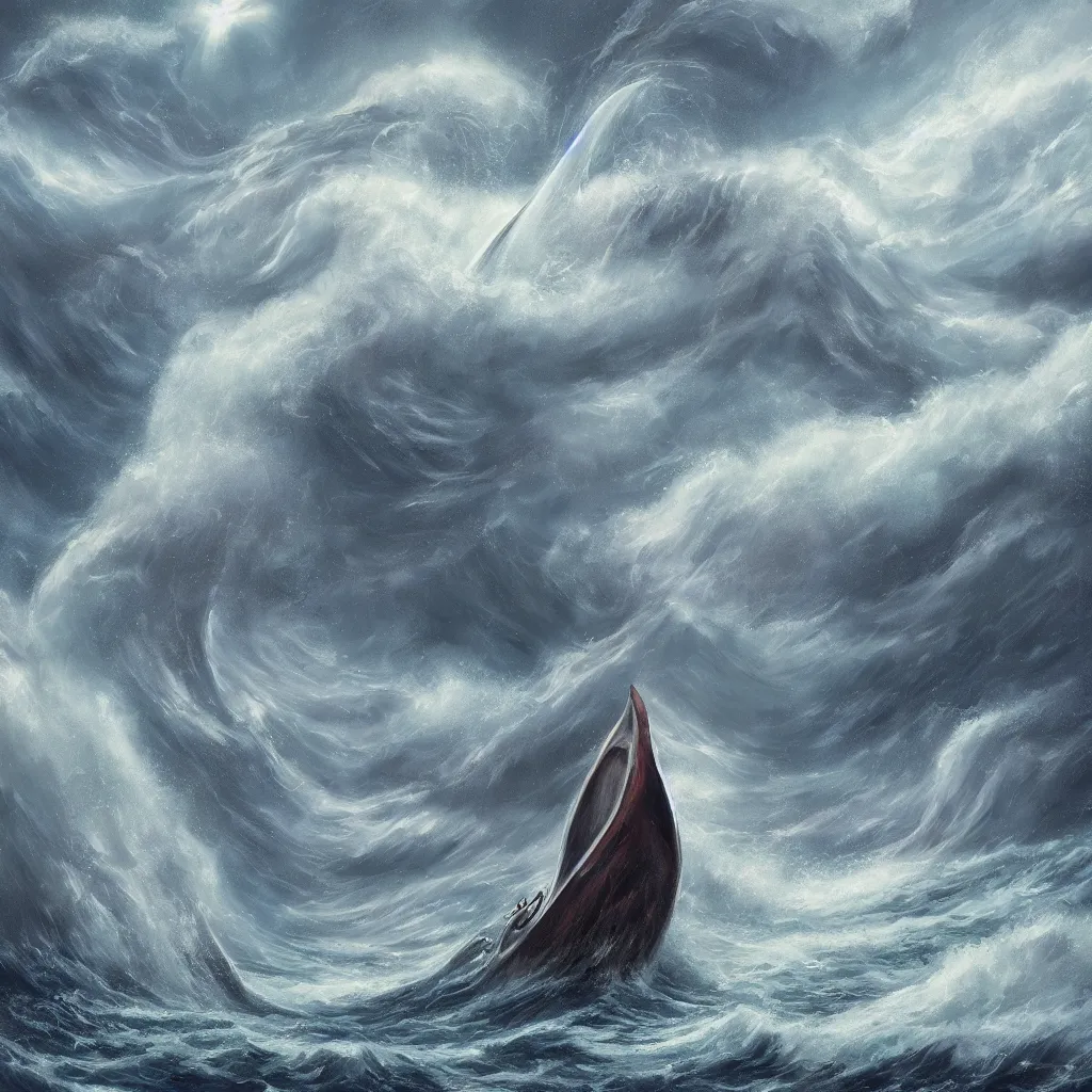 Image similar to a fantasy book style portrait of a giant squid, stormy sea, giant waves, lightning in the background, small boat, oil painting, 4 k