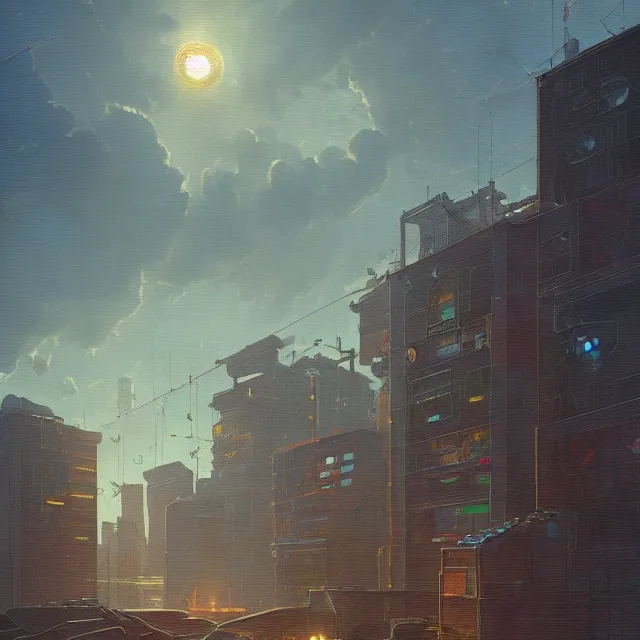 Image similar to An cyberpunk buildings with the sun shining through the clouds in utopia by Simon Stålenhag and Greg Rutkowski,In style of Grant Wood.hyper detailed,8K Resolution,highly realistic.trending on Artstation.oil on canvas