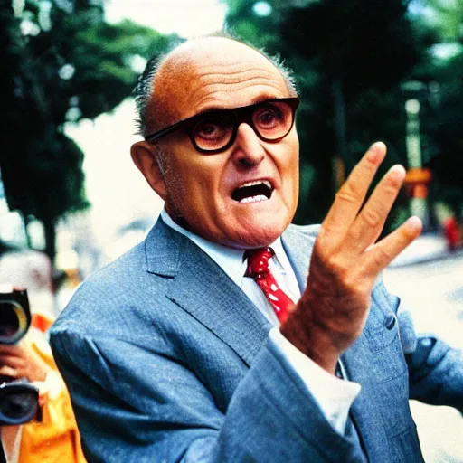 Prompt: Rudy Giuliani trying to ask someone for directions. Confused, sweaty, delirious and unhinged. CineStill.