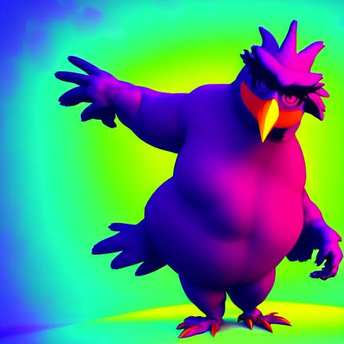 Prompt: 3 d render of a fat anthropomorphic raven fursona dancing at a rave, psychedelic, furry, cute, vivid saturation, octane render