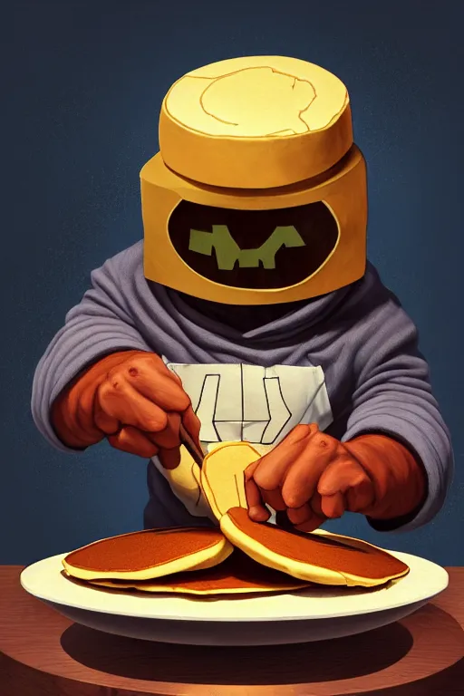 Image similar to mf doom making pancakes, animation pixar style, by pendleton ward, magali villeneuve, artgerm, rob rey and kentaro miura style, golden ratio, trending on art station