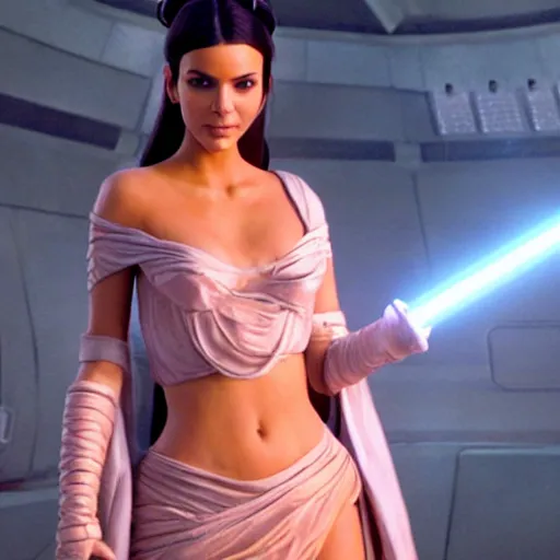 Image similar to victoria justice with kim kardashian body as princess padme in star wars episode 3, 8 k resolution, cinematic lighting, anatomically correct