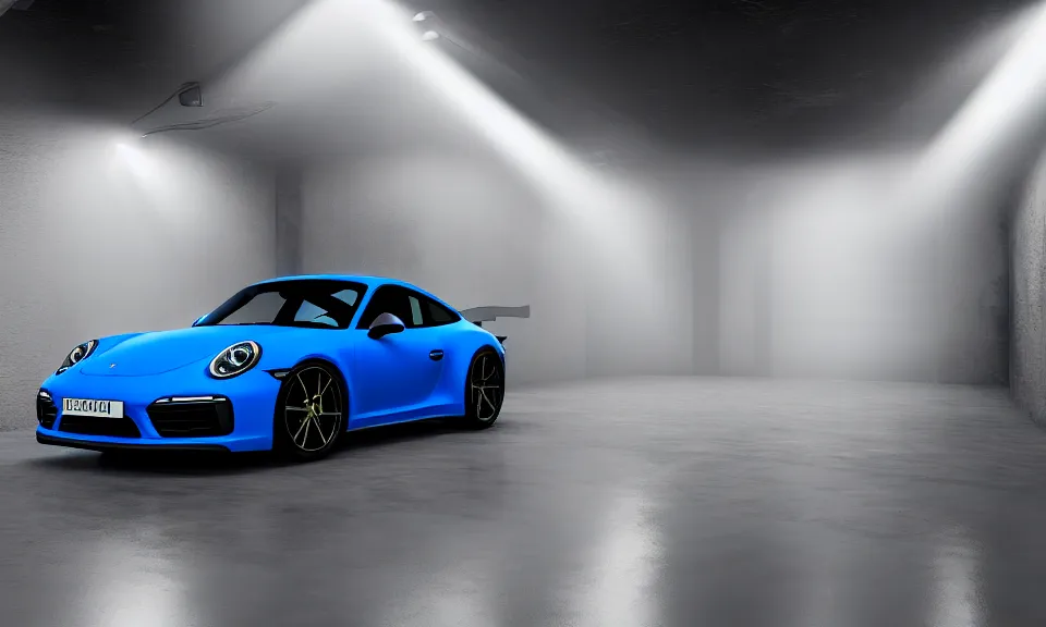 Image similar to photograph of a blue porsche 911 standing in a garage, centered, mist, volumetric light, cinematic lighting, octane render, 4k, ultra realistic