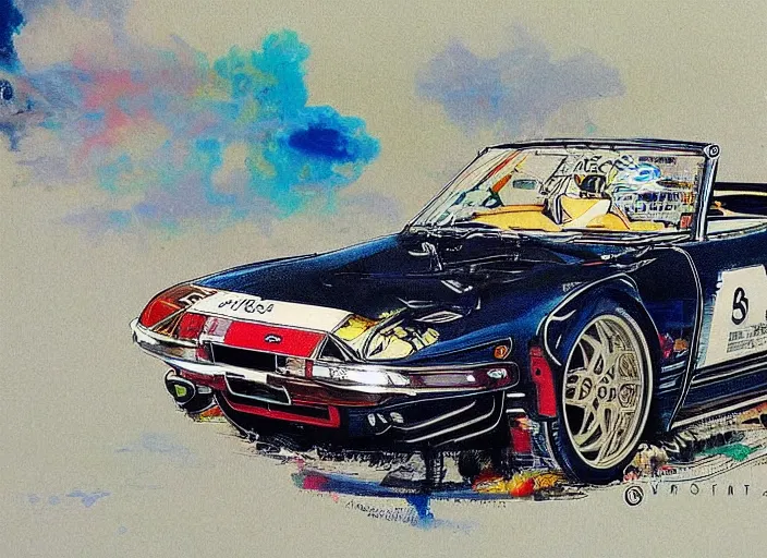 Image similar to beautiful yoshitaka amano art of a datsun fairlady roadster detailed painting