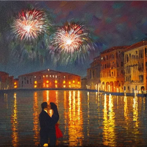 Image similar to an oil painting of couple kissing, in a background fireworks in venice