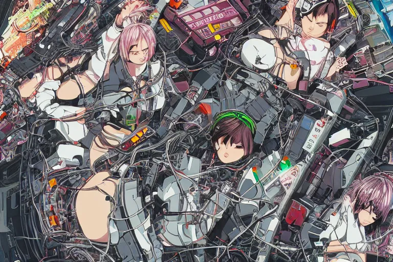 Image similar to cyberpunk anime illustration of a group of female androids lying on an empty white floor in various poses with their bodies open showing a tangled mess of wires and cables coming out, by katsuhiro otomo and masamune shirow, hyper-detailed, colorful, beautiful, bird view