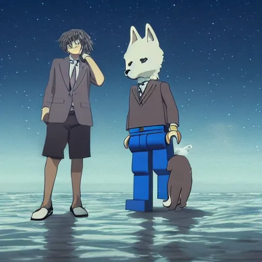 Image similar to Legoshi from Beastars standing at a moonlit beach, modern anime style